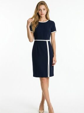 Casual Corner Navy Midi Sheath Dress with White Trim